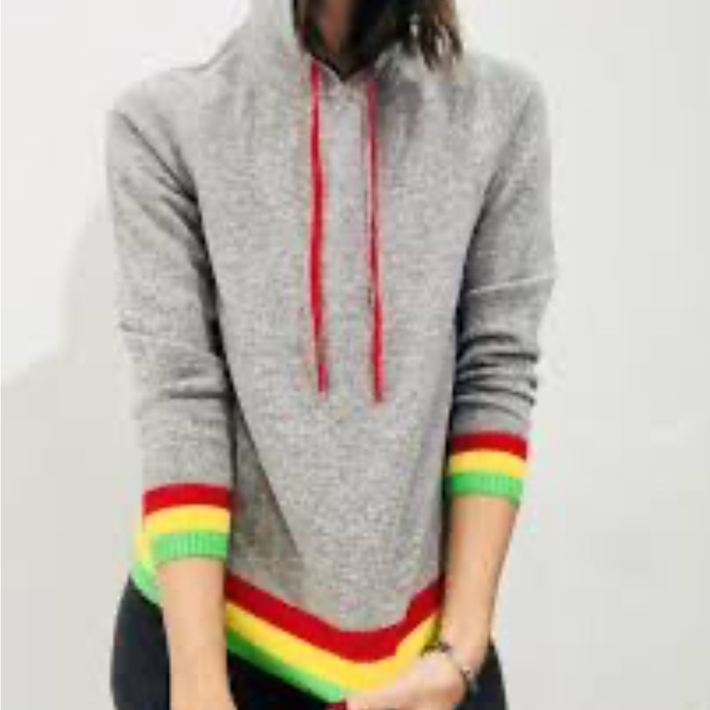Madeline Thompson cashmere hooded sweater gray red yellow green stripe Large